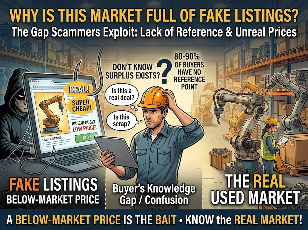 used robot market fake listing awareness gap why scams exist