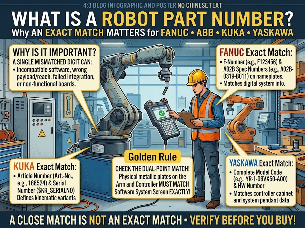 what is a robot part number and why exact match matters for FANUC ABB KUKA Yaskawa